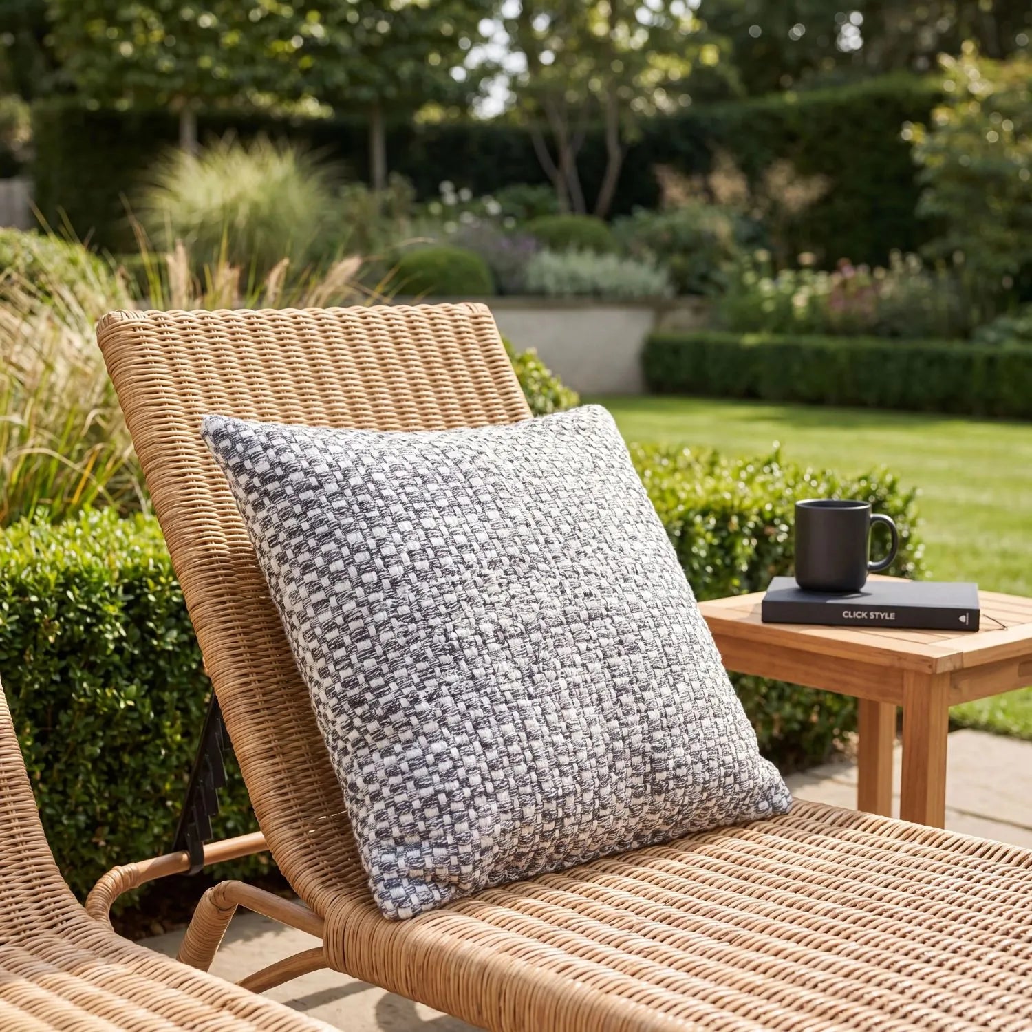 Dark Grey & White Square Indoor Outdoor Cushion with Basket Weave Pattern – Recycled Weather-Resistant Woven Cushion 45x45x10cm | Click Style