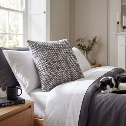 Dark Grey & White Square Indoor Outdoor Cushion with Basket Weave Pattern – Recycled Weather-Resistant Woven Cushion 45x45x10cm | Click Style