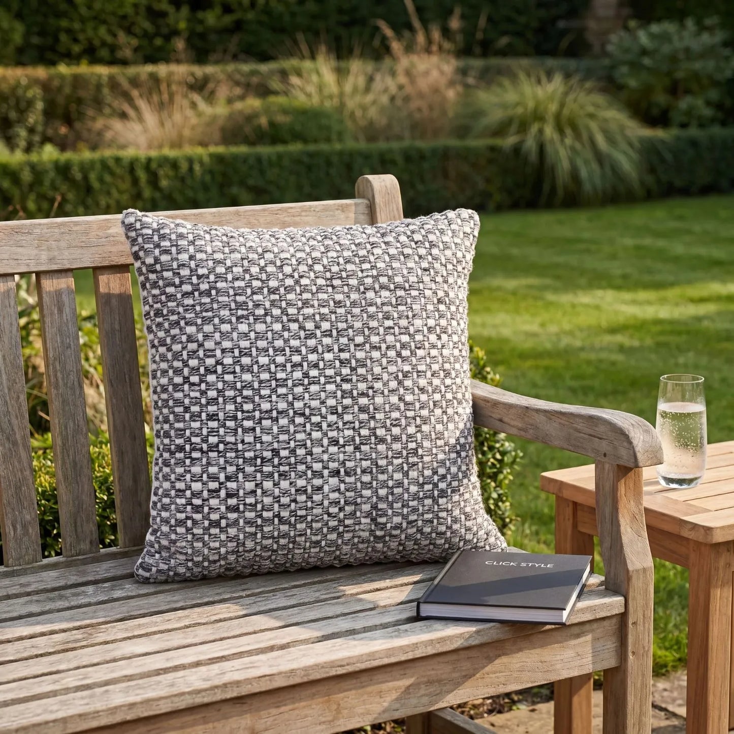 Dark Grey & White Square Indoor Outdoor Cushion with Basket Weave Pattern – Recycled Weather-Resistant Woven Cushion 45x45x10cm | Click Style