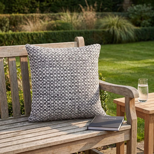 Dark Grey & White Square Indoor Outdoor Cushion with Basket Weave Pattern – Recycled Weather-Resistant Woven Cushion 45x45x10cm | Click Style