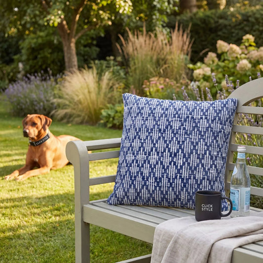 Denim Blue & White Square Indoor Outdoor Cushion with Woven Crosshatch Pattern and Textured Finish – Recycled PET Yarn Weather-Resistant Cushion 45x45x10cm | Click Style