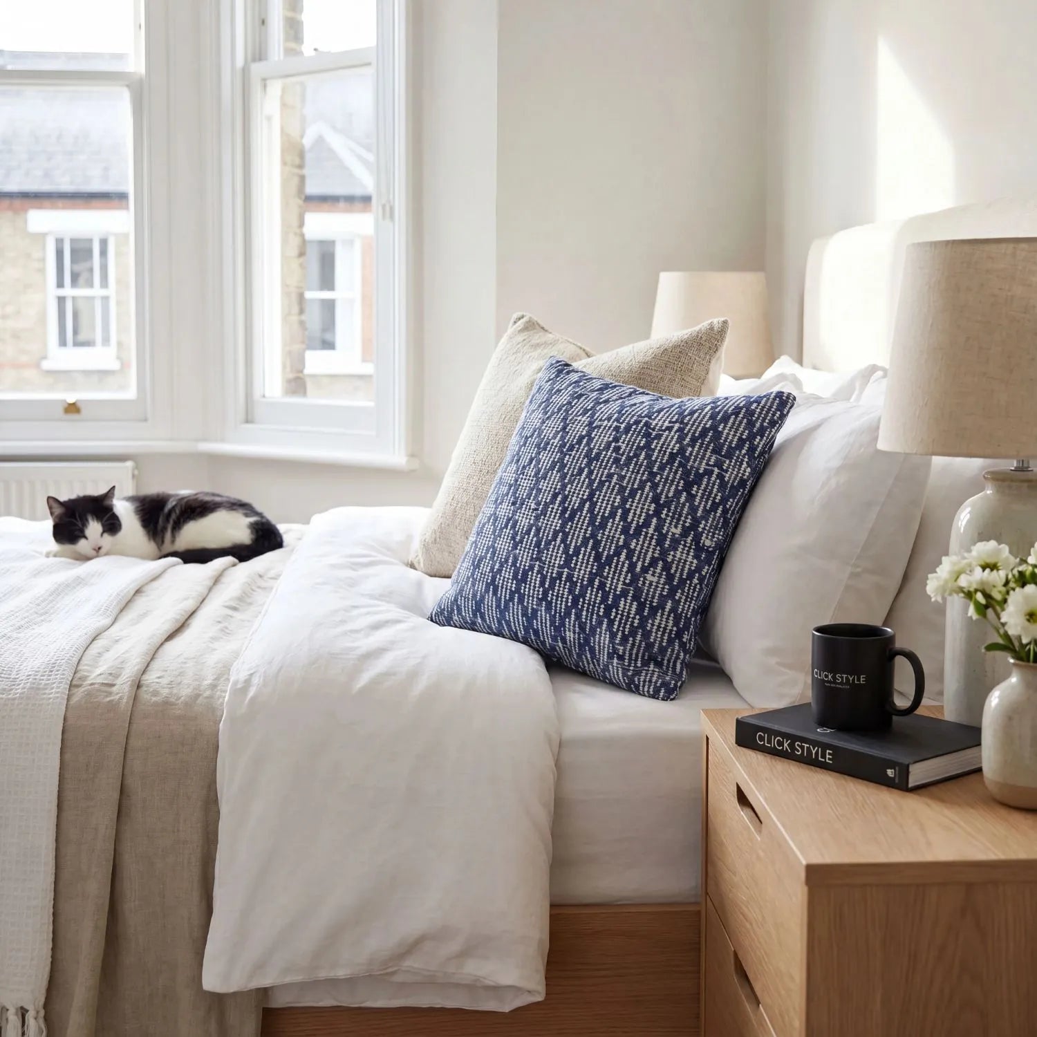 Denim Blue & White Square Indoor Outdoor Cushion with Woven Crosshatch Pattern and Textured Finish – Recycled PET Yarn Weather-Resistant Cushion 45x45x10cm | Click Style