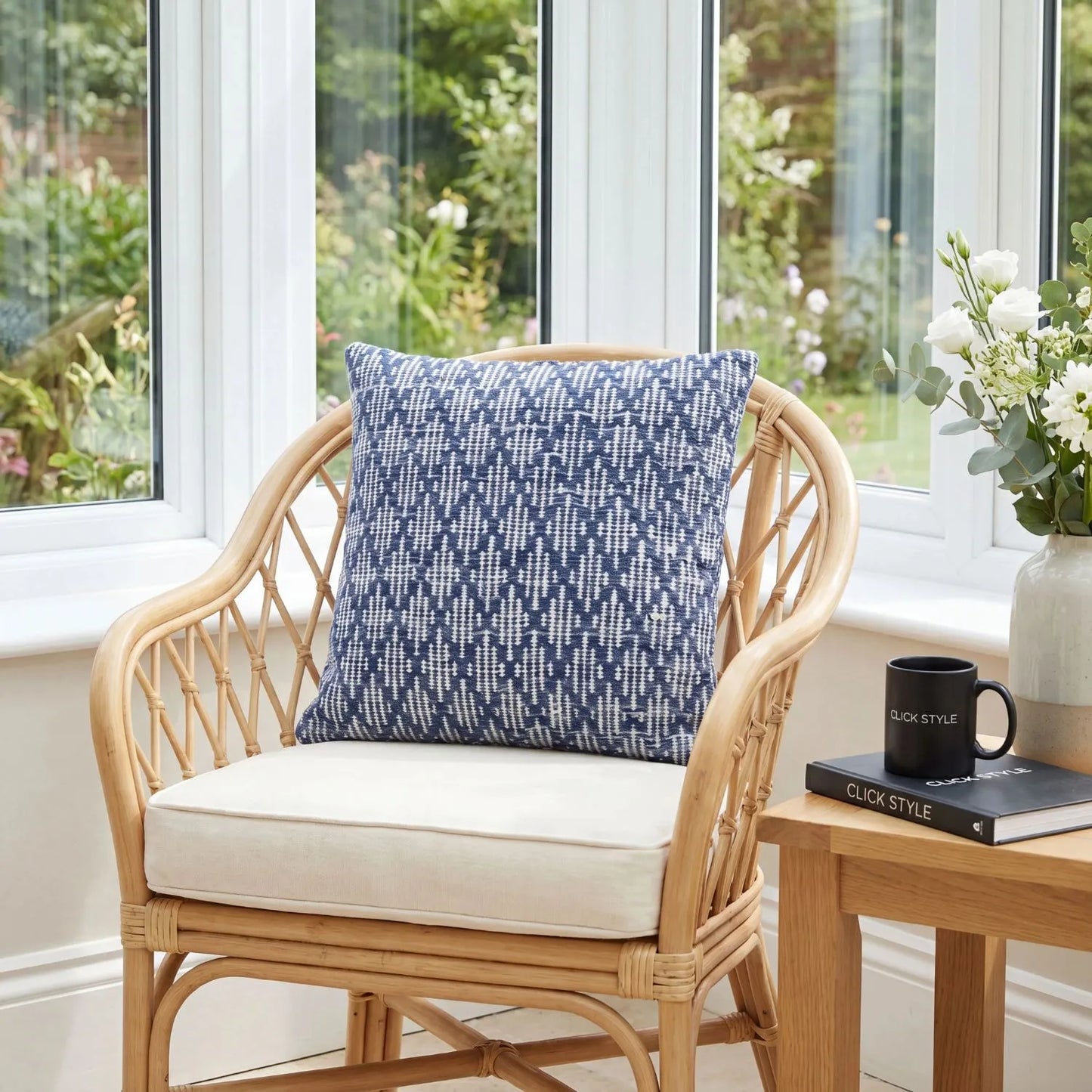 Denim Blue & White Square Indoor Outdoor Cushion with Woven Crosshatch Pattern and Textured Finish – Recycled PET Yarn Weather-Resistant Cushion 45x45x10cm | Click Style