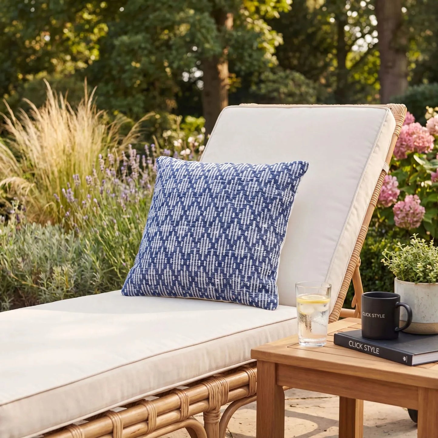 Denim Blue & White Square Indoor Outdoor Cushion with Woven Crosshatch Pattern and Textured Finish – Recycled PET Yarn Weather-Resistant Cushion 45x45x10cm | Click Style