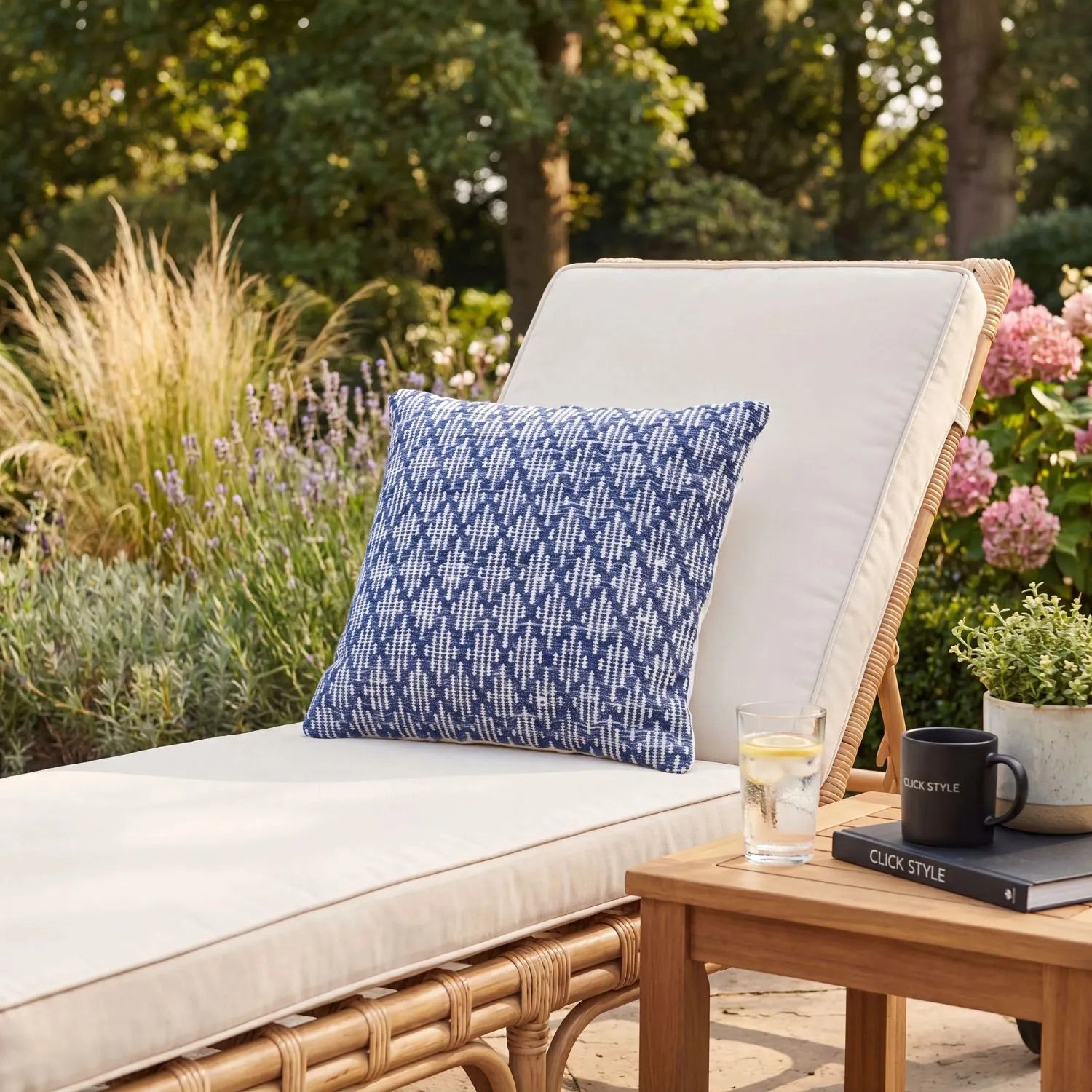 Denim Blue & White Square Indoor Outdoor Cushion with Woven Crosshatch Pattern and Textured Finish – Recycled PET Yarn Weather-Resistant Cushion 45x45x10cm | Click Style