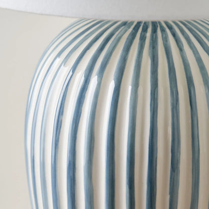Denim Blue & White Striped Ceramic Table Lamp With White Cotton Tapered Shade – Ribbed Bulbous Base Bedside Light 45x30x30cm | Click Style