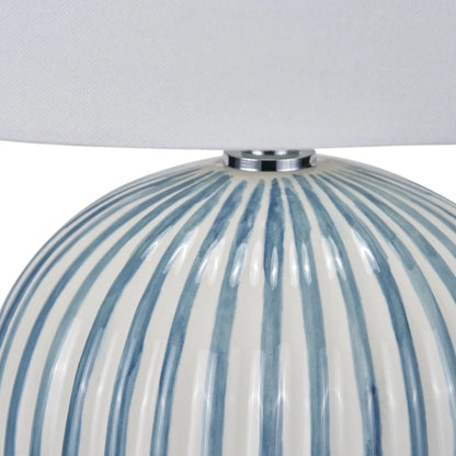 Denim Blue & White Striped Ceramic Table Lamp With White Cotton Tapered Shade – Ribbed Bulbous Base Bedside Light 45x30x30cm | Click Style