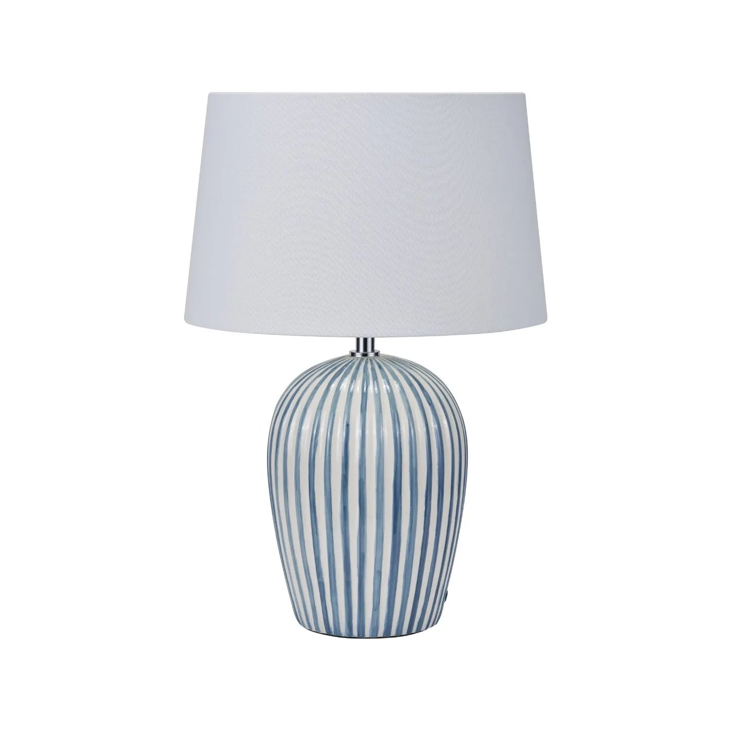 Denim Blue & White Striped Ceramic Table Lamp With White Cotton Tapered Shade – Ribbed Bulbous Base Bedside Light 45x30x30cm | Click Style