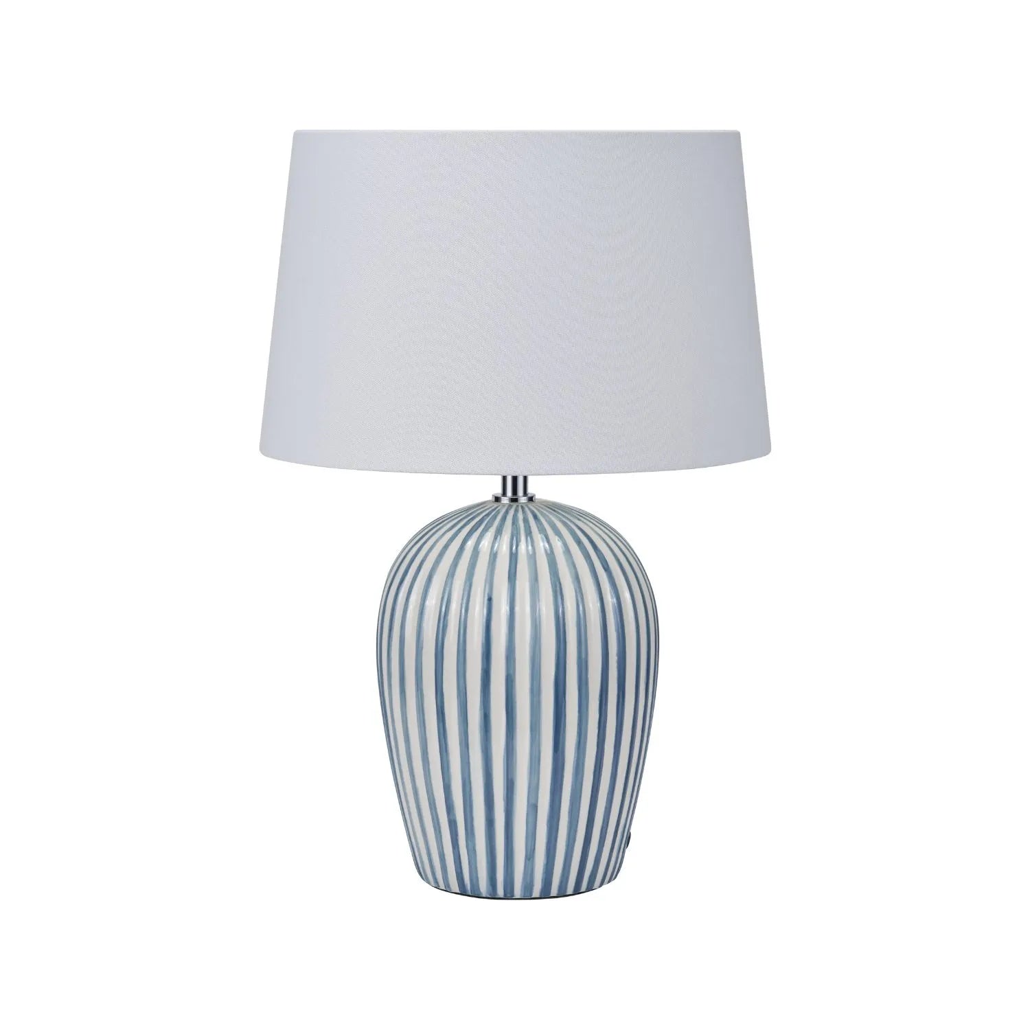 Denim Blue & White Striped Ceramic Table Lamp With White Cotton Tapered Shade – Ribbed Bulbous Base Bedside Light 45x30x30cm | Click Style