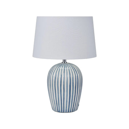 Denim Blue & White Striped Ceramic Table Lamp With White Cotton Tapered Shade – Ribbed Bulbous Base Bedside Light 45x30x30cm | Click Style