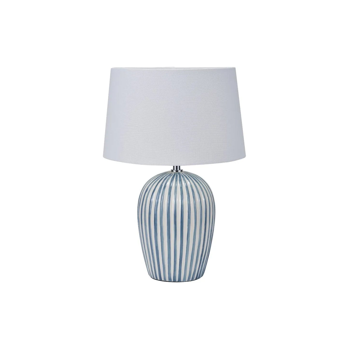 Denim Blue & White Striped Ceramic Table Lamp With White Cotton Tapered Shade – Ribbed Bulbous Base Bedside Light 45x30x30cm | Click Style
