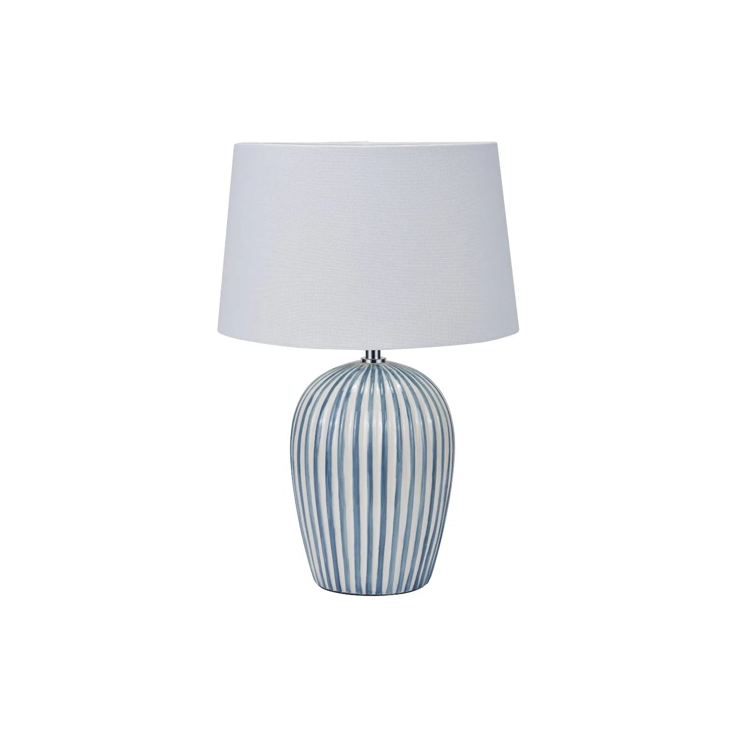 Denim Blue & White Striped Ceramic Table Lamp With White Cotton Tapered Shade – Ribbed Bulbous Base Bedside Light 45x30x30cm | Click Style