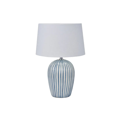 Denim Blue & White Striped Ceramic Table Lamp With White Cotton Tapered Shade – Ribbed Bulbous Base Bedside Light 45x30x30cm | Click Style
