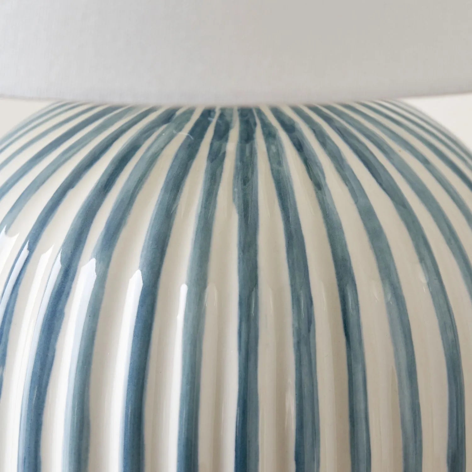 Denim Blue & White Striped Ceramic Table Lamp With White Cotton Tapered Shade – Ribbed Bulbous Base Bedside Light 45x30x30cm | Click Style