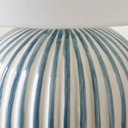 Denim Blue & White Striped Ceramic Table Lamp With White Cotton Tapered Shade – Ribbed Bulbous Base Bedside Light 45x30x30cm | Click Style
