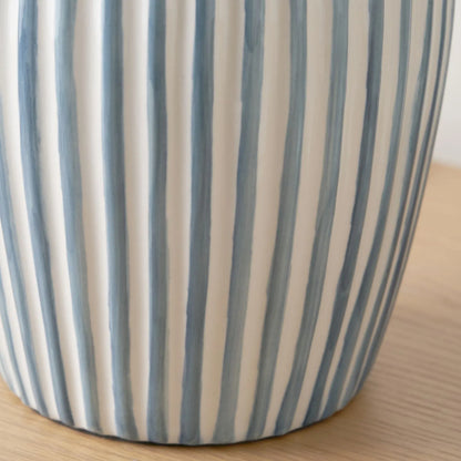 Denim Blue & White Striped Ceramic Table Lamp With White Cotton Tapered Shade – Ribbed Bulbous Base Bedside Light 45x30x30cm | Click Style