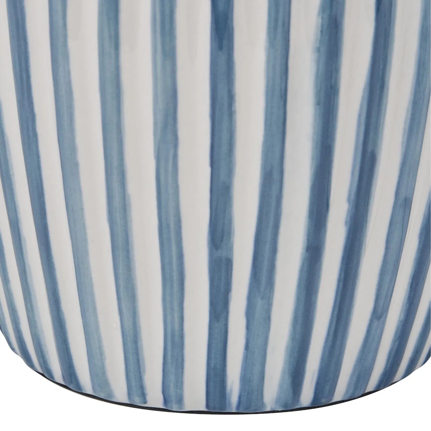 Denim Blue & White Striped Ceramic Table Lamp With White Cotton Tapered Shade – Ribbed Bulbous Base Bedside Light 45x30x30cm | Click Style
