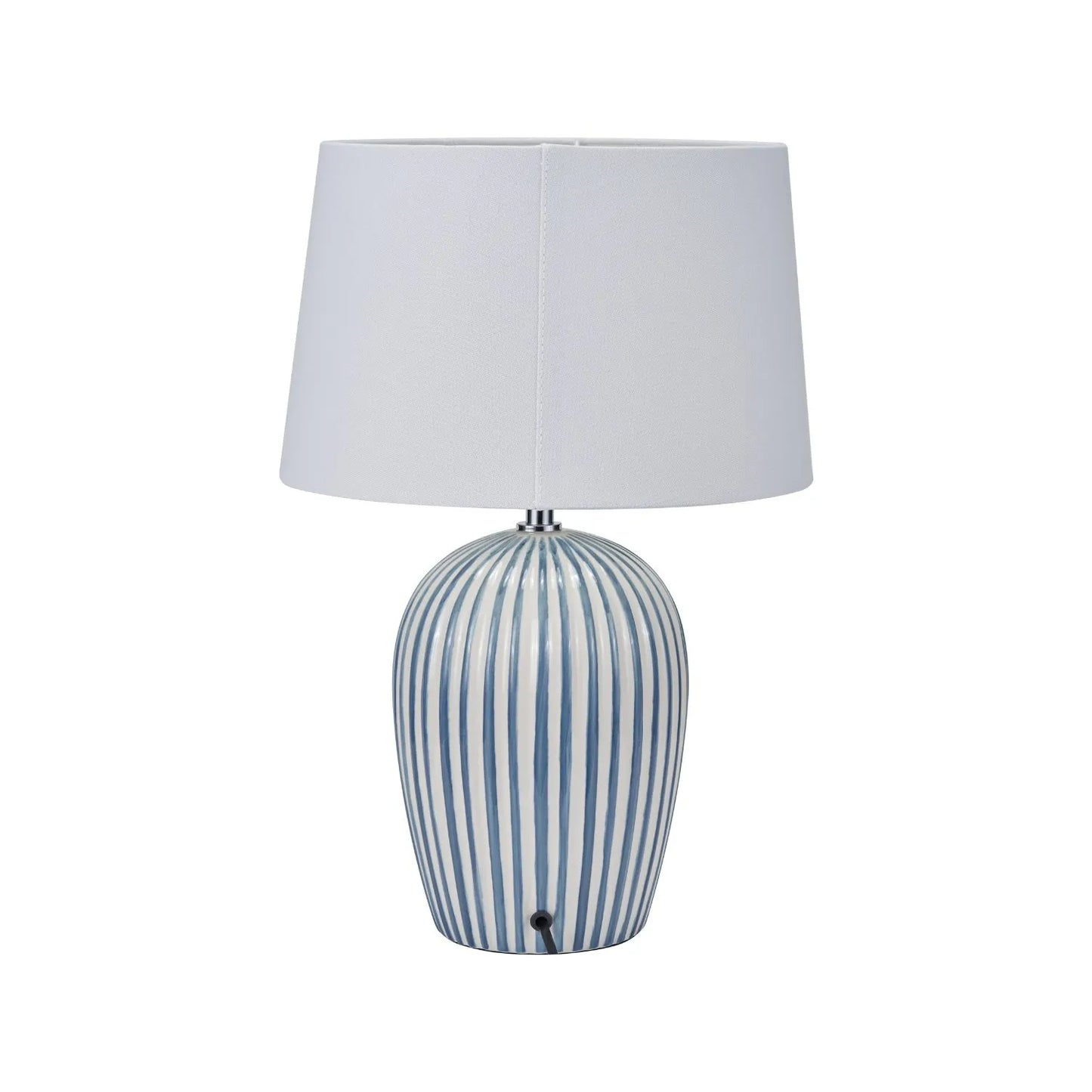 Denim Blue & White Striped Ceramic Table Lamp With White Cotton Tapered Shade – Ribbed Bulbous Base Bedside Light 45x30x30cm | Click Style