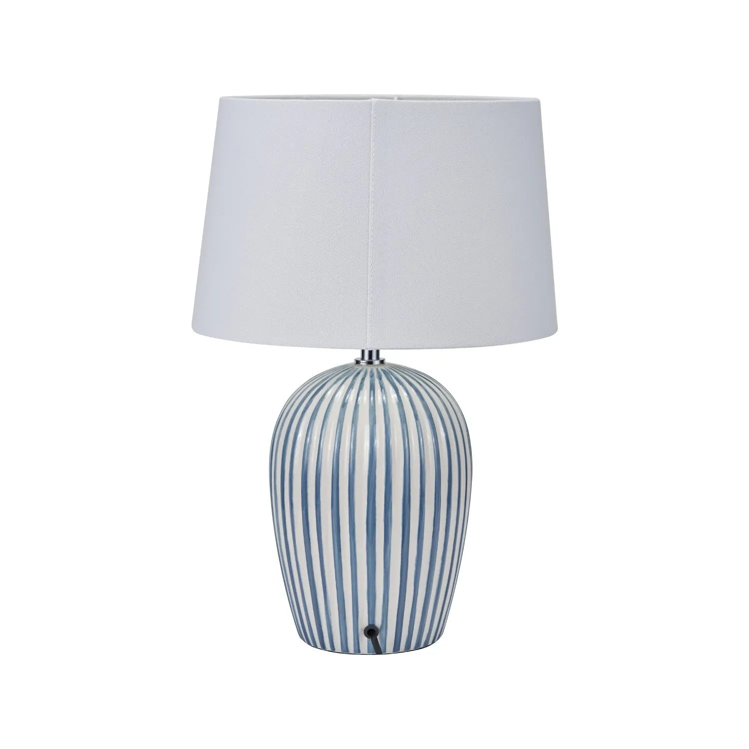 Denim Blue & White Striped Ceramic Table Lamp With White Cotton Tapered Shade – Ribbed Bulbous Base Bedside Light 45x30x30cm | Click Style