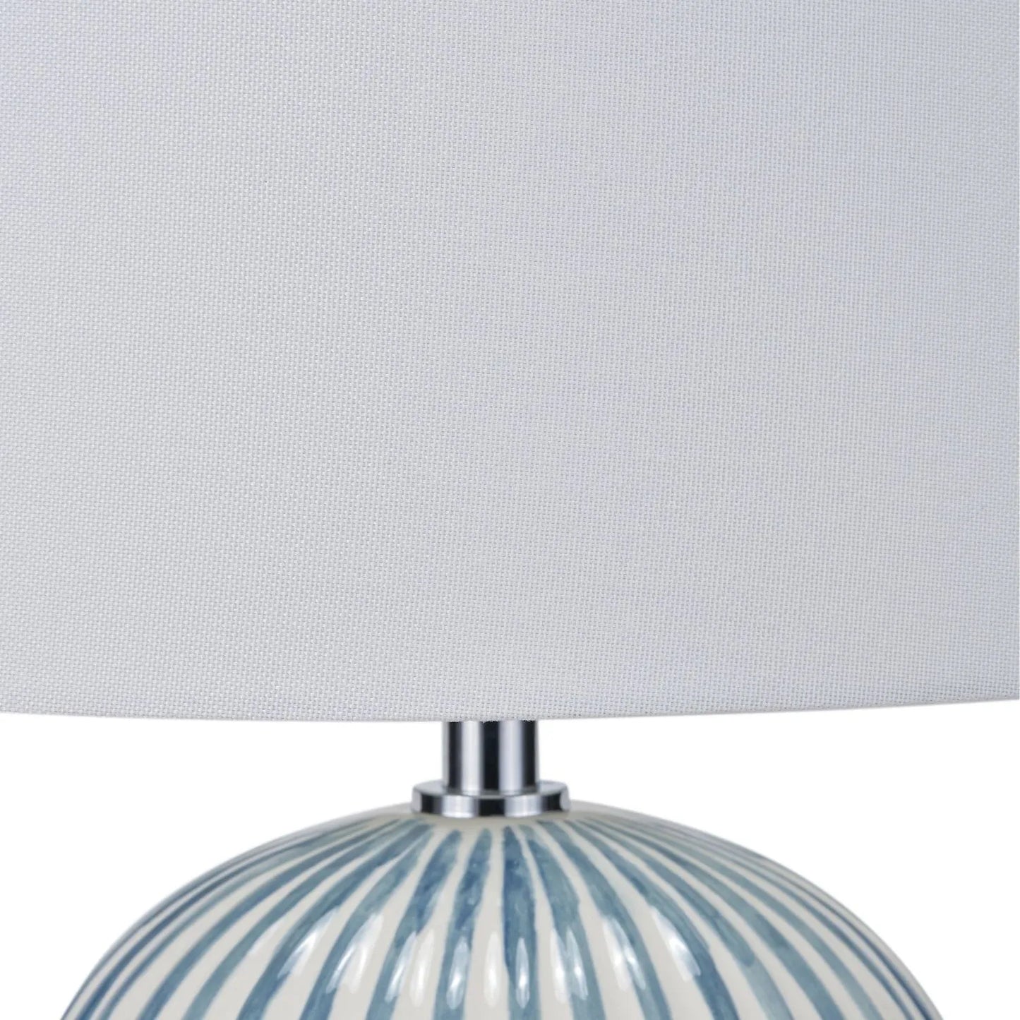 Denim Blue & White Striped Ceramic Table Lamp With White Cotton Tapered Shade – Ribbed Bulbous Base Bedside Light 45x30x30cm | Click Style