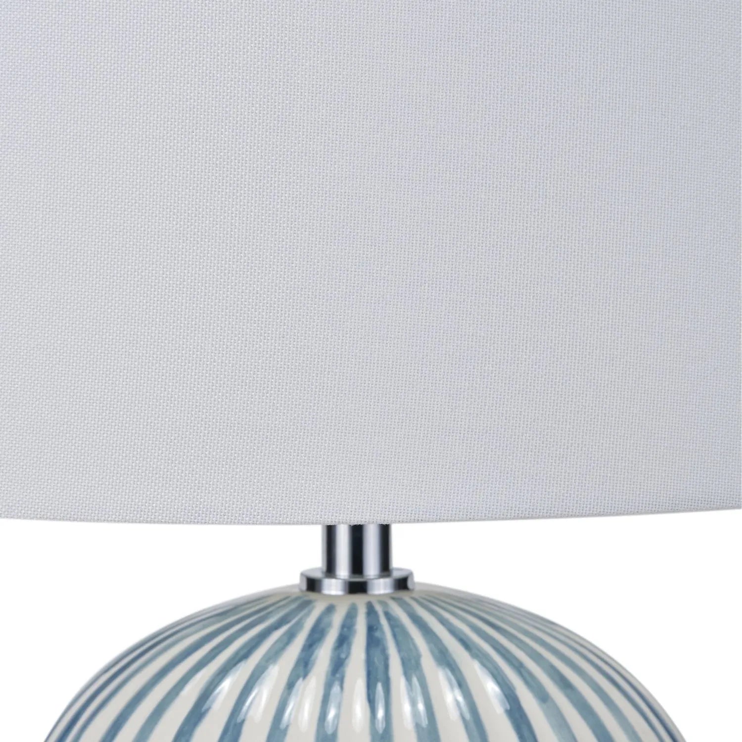 Denim Blue & White Striped Ceramic Table Lamp With White Cotton Tapered Shade – Ribbed Bulbous Base Bedside Light 45x30x30cm | Click Style