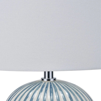 Denim Blue & White Striped Ceramic Table Lamp With White Cotton Tapered Shade – Ribbed Bulbous Base Bedside Light 45x30x30cm | Click Style