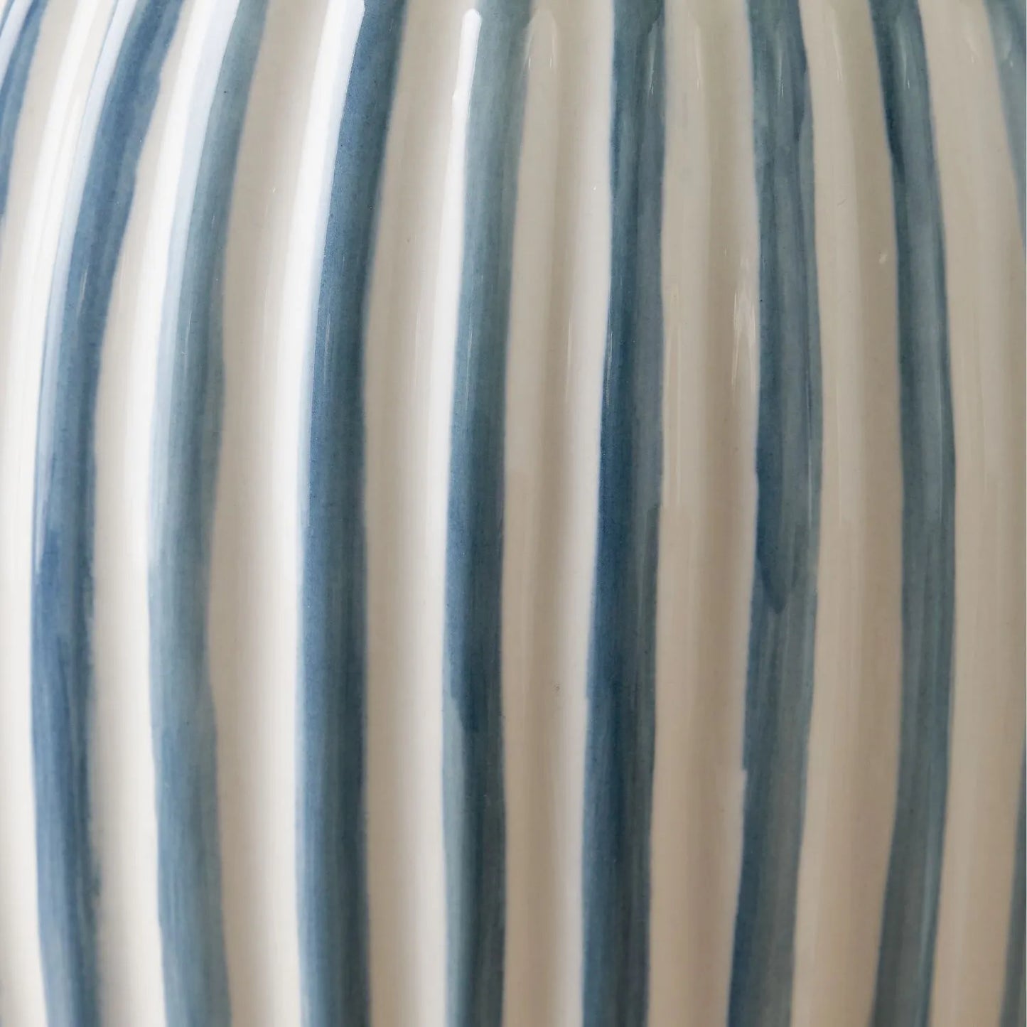 Denim Blue & White Striped Ceramic Table Lamp With White Cotton Tapered Shade – Ribbed Bulbous Base Bedside Light 45x30x30cm | Click Style