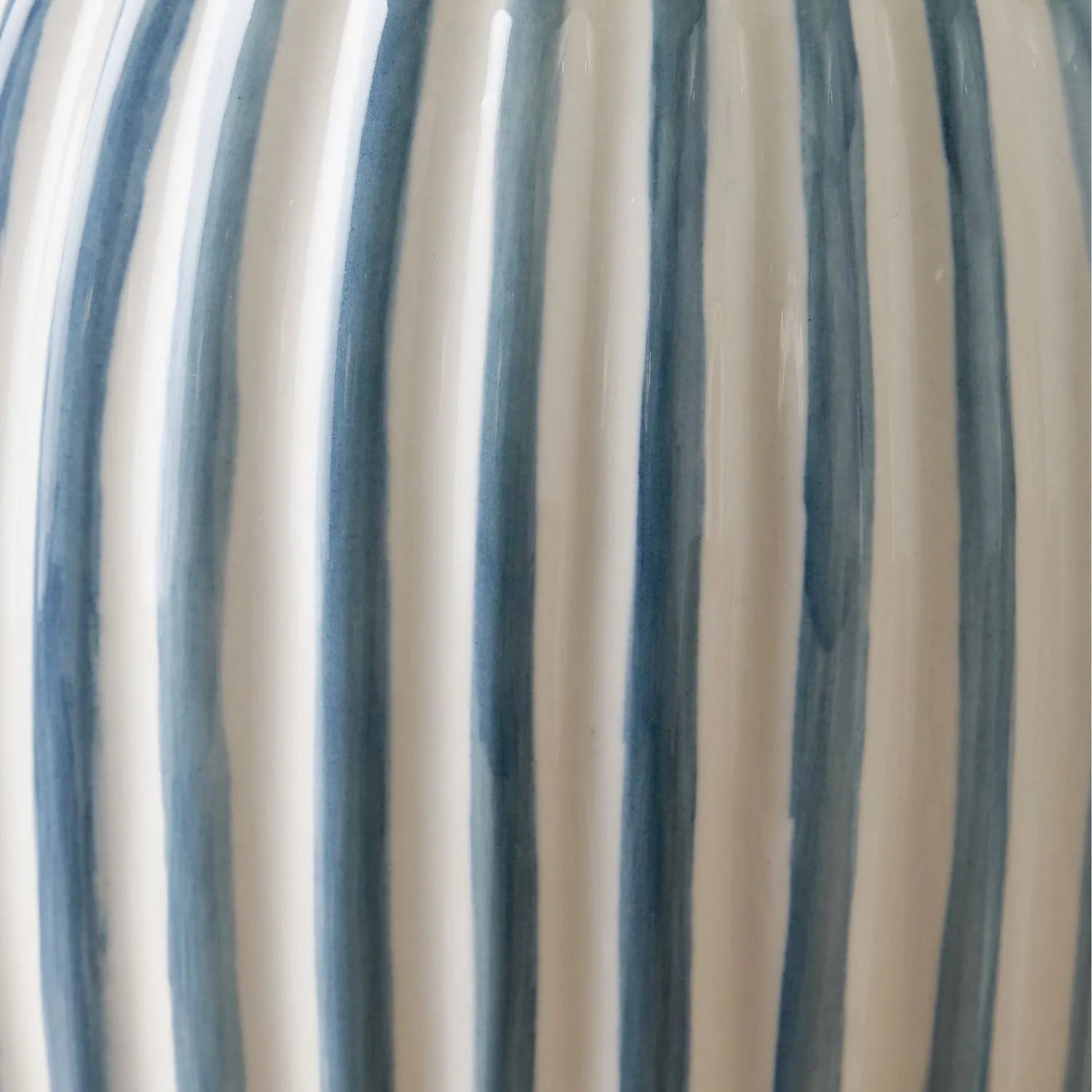 Denim Blue & White Striped Ceramic Table Lamp With White Cotton Tapered Shade – Ribbed Bulbous Base Bedside Light 45x30x30cm | Click Style