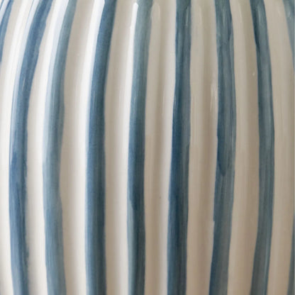 Denim Blue & White Striped Ceramic Table Lamp With White Cotton Tapered Shade – Ribbed Bulbous Base Bedside Light 45x30x30cm | Click Style