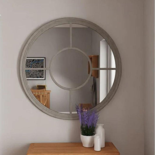 Distressed Wooden Grey Circular Window Wall Mirror 100cm