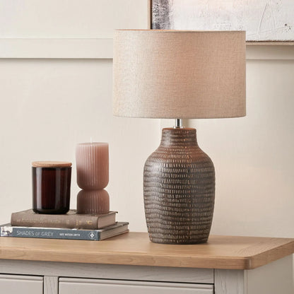 Duck Egg & Cream Textured Ceramic Bottle Table Lamp with Lined Drum Shade & Horizontal Line Detailing – Contemporary Soft-Toned Statement Table Light 44x28x28cm | Click Style
