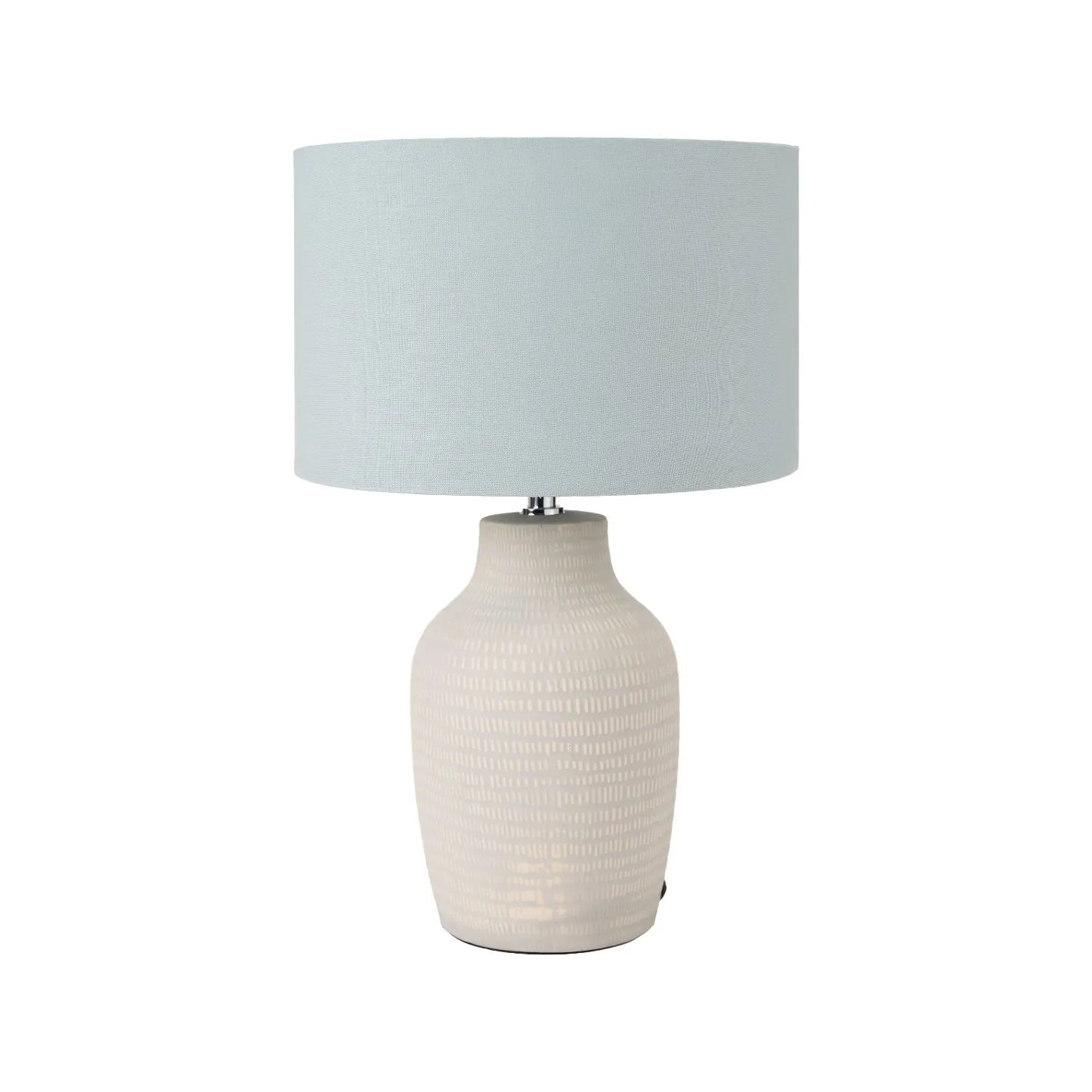 Duck Egg & Cream Textured Ceramic Bottle Table Lamp with Lined Drum Shade & Horizontal Line Detailing – Contemporary Soft-Toned Statement Table Light 44x28x28cm | Click Style