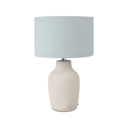 Duck Egg & Cream Textured Ceramic Bottle Table Lamp with Lined Drum Shade & Horizontal Line Detailing – Contemporary Soft-Toned Statement Table Light 44x28x28cm | Click Style