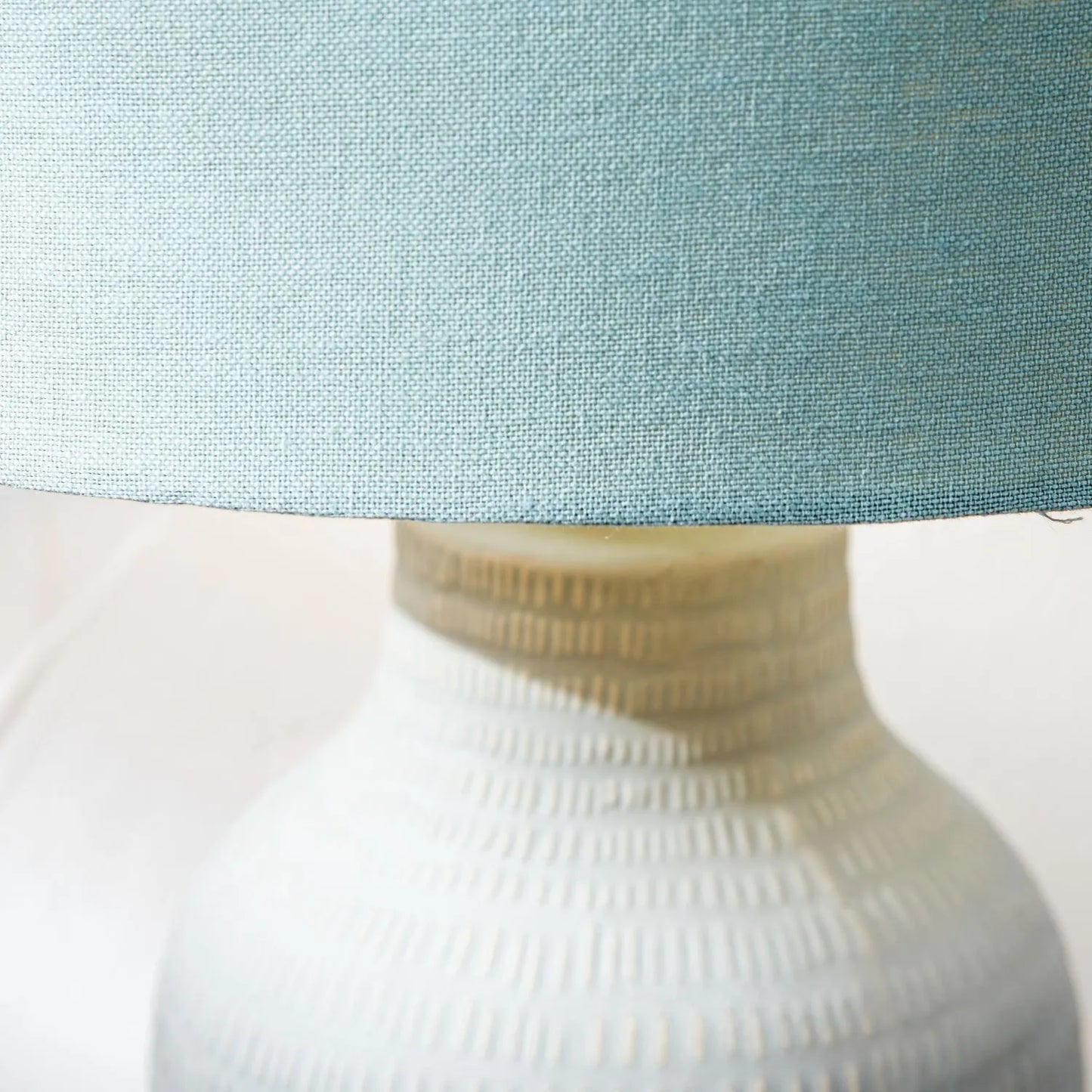 Duck Egg & Cream Textured Ceramic Bottle Table Lamp with Lined Drum Shade & Horizontal Line Detailing – Contemporary Soft-Toned Statement Table Light 44x28x28cm | Click Style