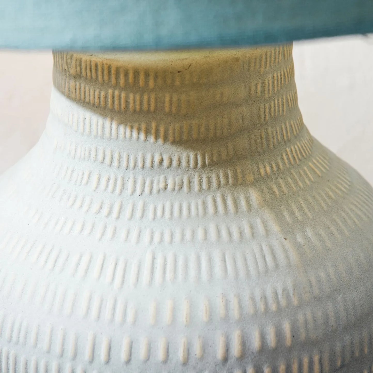 Duck Egg & Cream Textured Ceramic Bottle Table Lamp with Lined Drum Shade & Horizontal Line Detailing – Contemporary Soft-Toned Statement Table Light 44x28x28cm | Click Style