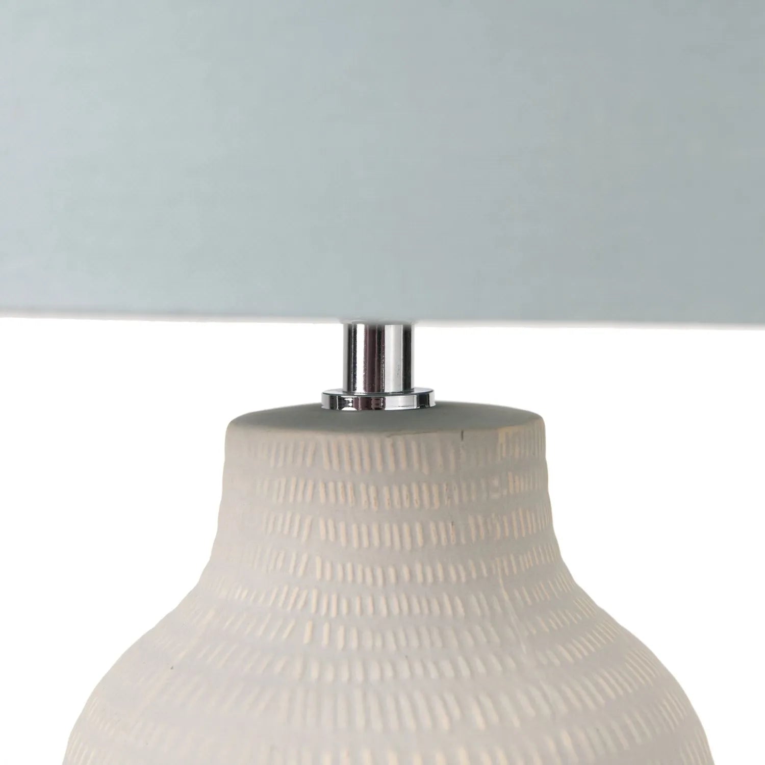 Duck Egg & Cream Textured Ceramic Bottle Table Lamp with Lined Drum Shade & Horizontal Line Detailing – Contemporary Soft-Toned Statement Table Light 44x28x28cm | Click Style
