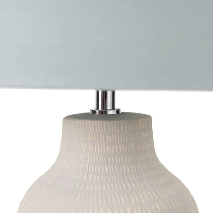 Duck Egg & Cream Textured Ceramic Bottle Table Lamp with Lined Drum Shade & Horizontal Line Detailing – Contemporary Soft-Toned Statement Table Light 44x28x28cm | Click Style