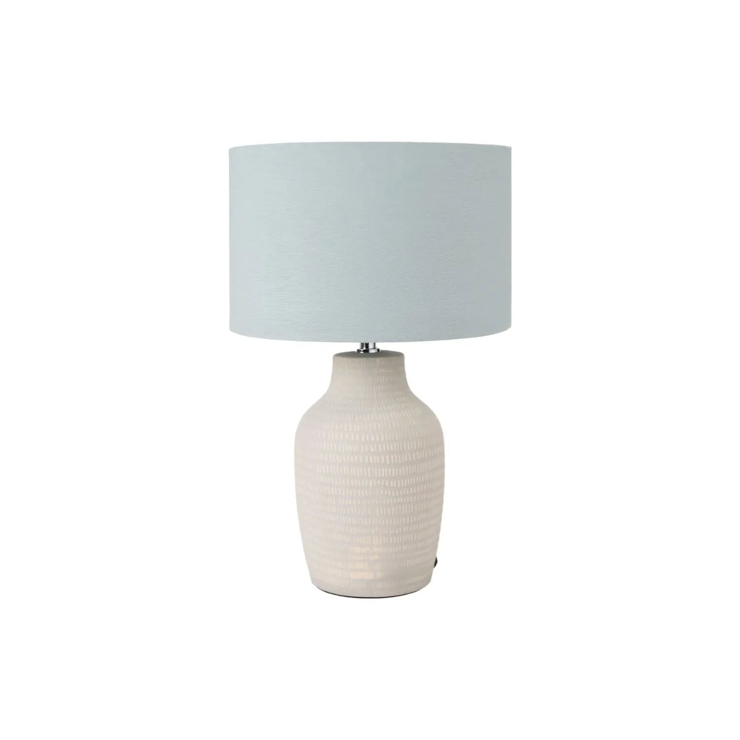 Duck Egg & Cream Textured Ceramic Bottle Table Lamp with Lined Drum Shade & Horizontal Line Detailing – Contemporary Soft-Toned Statement Table Light 44x28x28cm | Click Style