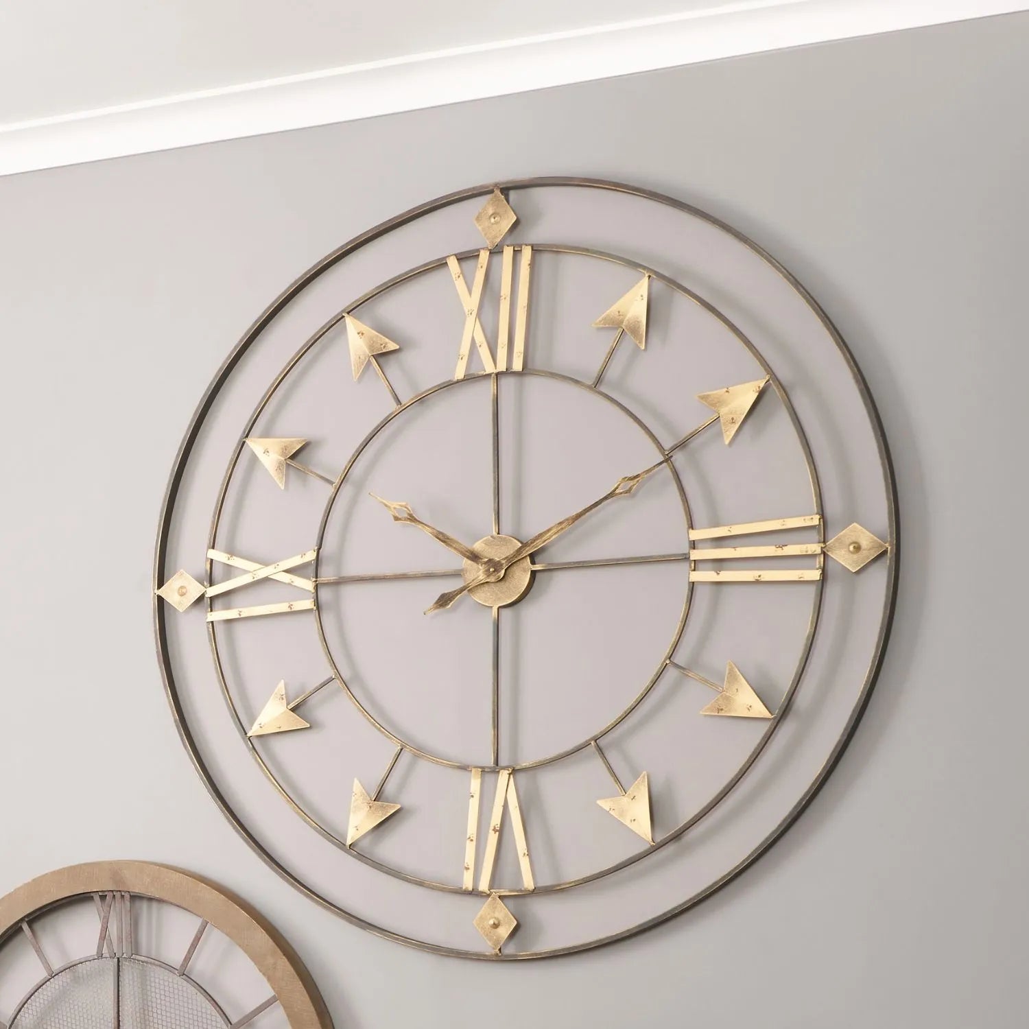 Extra Large Antique Grey & Gold Metal Skeleton Wall Clock with Roman Numerals & Black Hands 120x120x5cm - Click Style