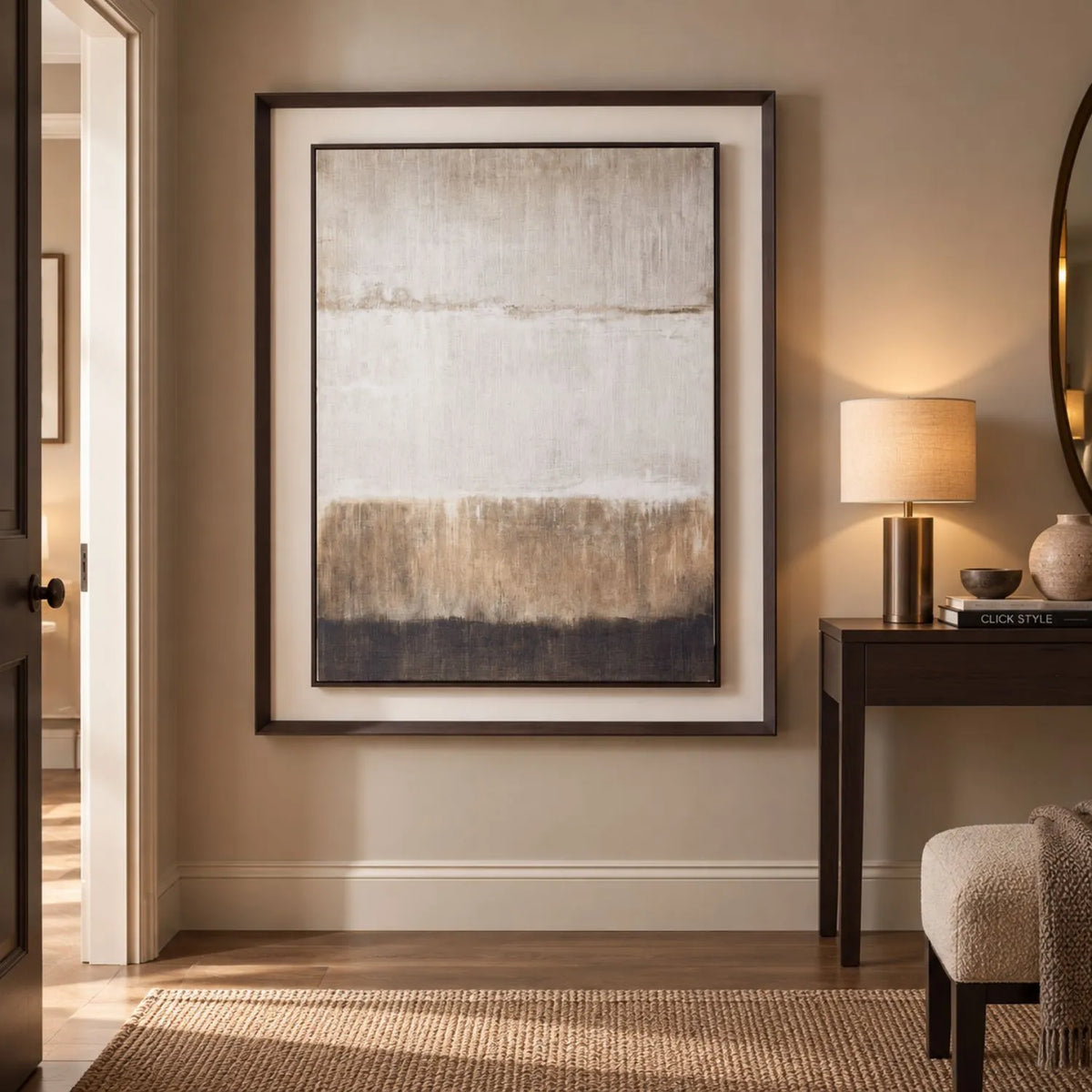 Extra Large Neutral Abstract Linen Artwork with Floating Mount & Layered Dark Wooden Frame 120x90x5cm – Styled in Warm Neutral Hallway with Dark Wood Console | Click Style