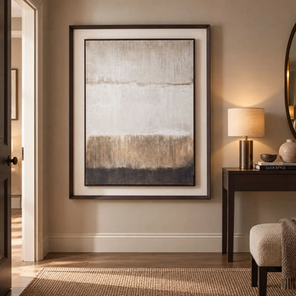 Extra Large Neutral Abstract Linen Artwork with Floating Mount & Layered Dark Wooden Frame 120x90x5cm – Styled in Warm Neutral Hallway with Dark Wood Console | Click Style