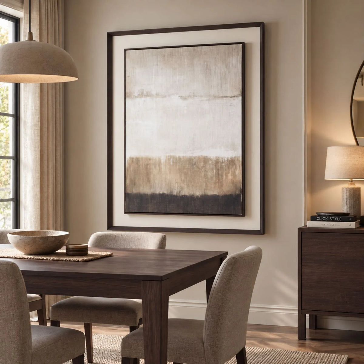 Extra Large Neutral Abstract Linen Artwork with Floating Mount & Layered Dark Wooden Frame 120x90x5cm – Styled in Warm Neutral Dining Room with Dark Wood Furniture | Click Style