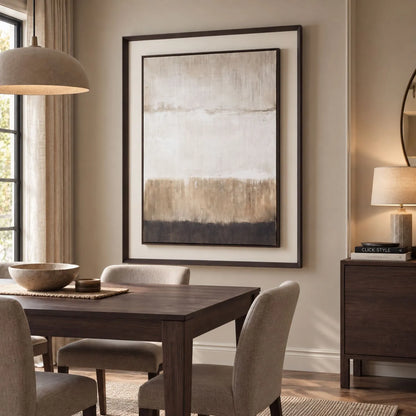 Extra Large Neutral Abstract Linen Artwork with Floating Mount & Layered Dark Wooden Frame 120x90x5cm – Styled in Warm Neutral Dining Room with Dark Wood Furniture | Click Style
