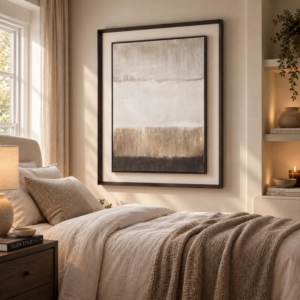 Extra Large Neutral Abstract Linen Artwork with Floating Mount & Layered Dark Wooden Frame 120x90x5cm – Styled Beside Bed in Warm Neutral Bedroom | Click Style