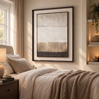 Extra Large Neutral Abstract Linen Artwork with Floating Mount & Layered Dark Wooden Frame 120x90x5cm – Styled Beside Bed in Warm Neutral Bedroom | Click Style