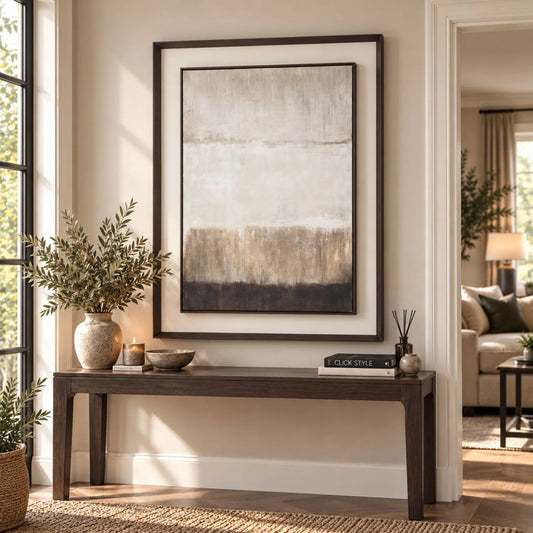 Extra Large Neutral Abstract Linen Artwork with Floating Mount & Layered Dark Wooden Frame 120x90x5cm – Styled Above Dark Wood Console in Warm Neutral Interior | Click Style