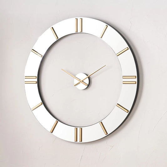 Extra Large Round Mirrored Skeleton Wall Clock with Gold Baton Markers & Hands – Two-Piece Design 120x5cm - Click Style