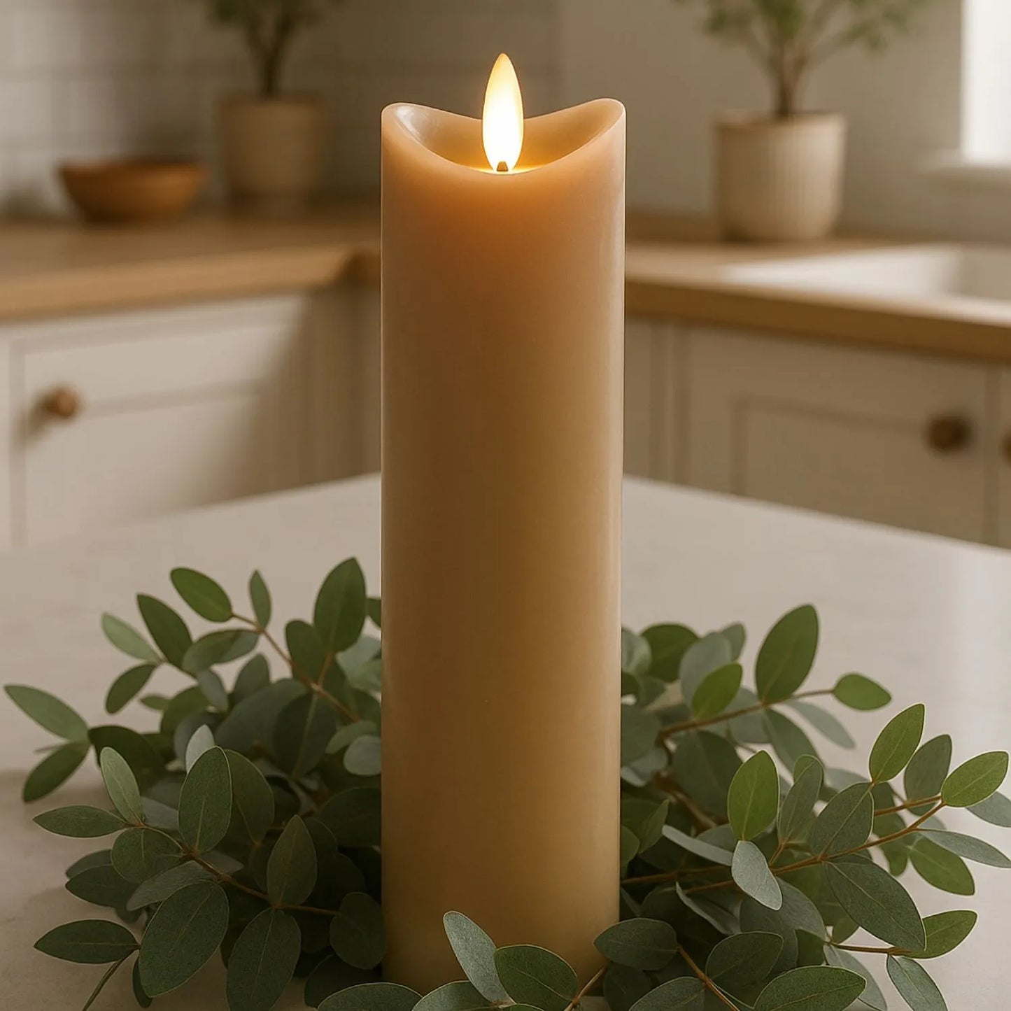 Extra-Tall Beige Taupe Melted-Effect Real Wax LED Flameless Pillar Candle with Realistic Flickering Flame – Battery Operated Decorative Light 20x7x7cm | Click Style
