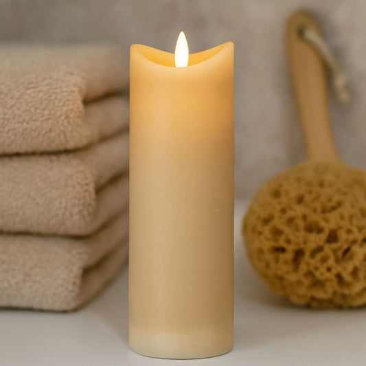 Extra-Tall Beige Taupe Melted-Effect Real Wax LED Flameless Pillar Candle with Realistic Flickering Flame – Battery Operated Decorative Light 20x7x7cm | Click Style