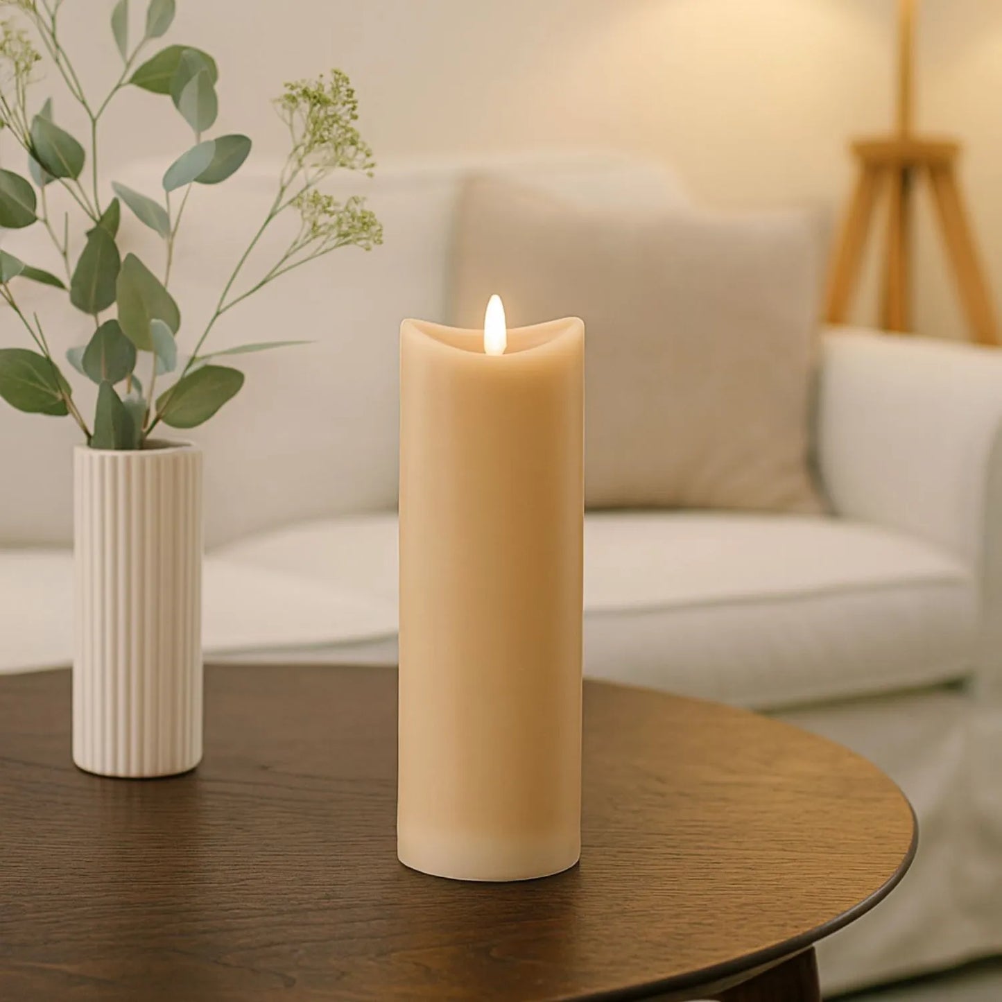 Extra-Tall Beige Taupe Melted-Effect Real Wax LED Flameless Pillar Candle with Realistic Flickering Flame – Battery Operated Decorative Light 20x7x7cm | Click Style